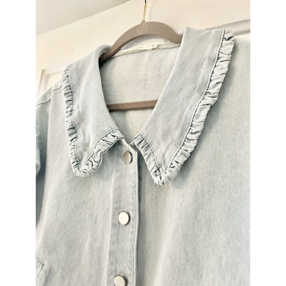Ellison Oversized Crop Light Wash Denim Jacket Peter Pan Big Ruffle Collar Sz S - Picture 3 of 14